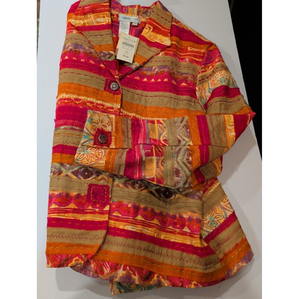 Coldwater Creek Stripe Applique Ikat Jacket NWT Pink Orange Boho Art To Wear PL